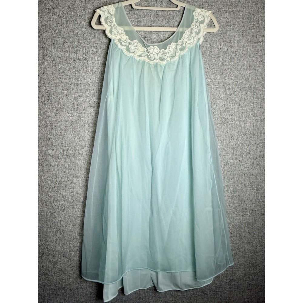 Vintage 60s Sea Foam Blue Green Lace Chiffon Nightgown Nightie Babydoll Robe LG - Picture 3 of 10